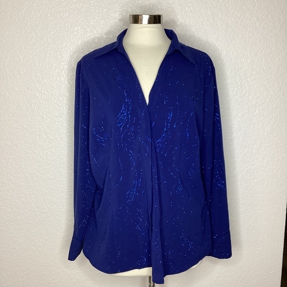 CROFT AND BARROW PLUS SIZE‎ 1X TOP BLUE SHIMMERY SPARKLY BLOUSE LONG SLEEVES EUC - Picture 2 of 9